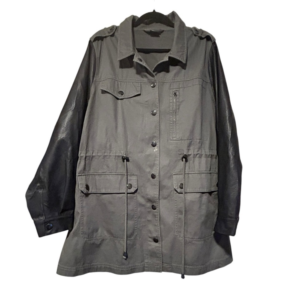 City Chic Olive Green/Black Faux Leather Contrast Sleeves Barn Coat – Size L/20